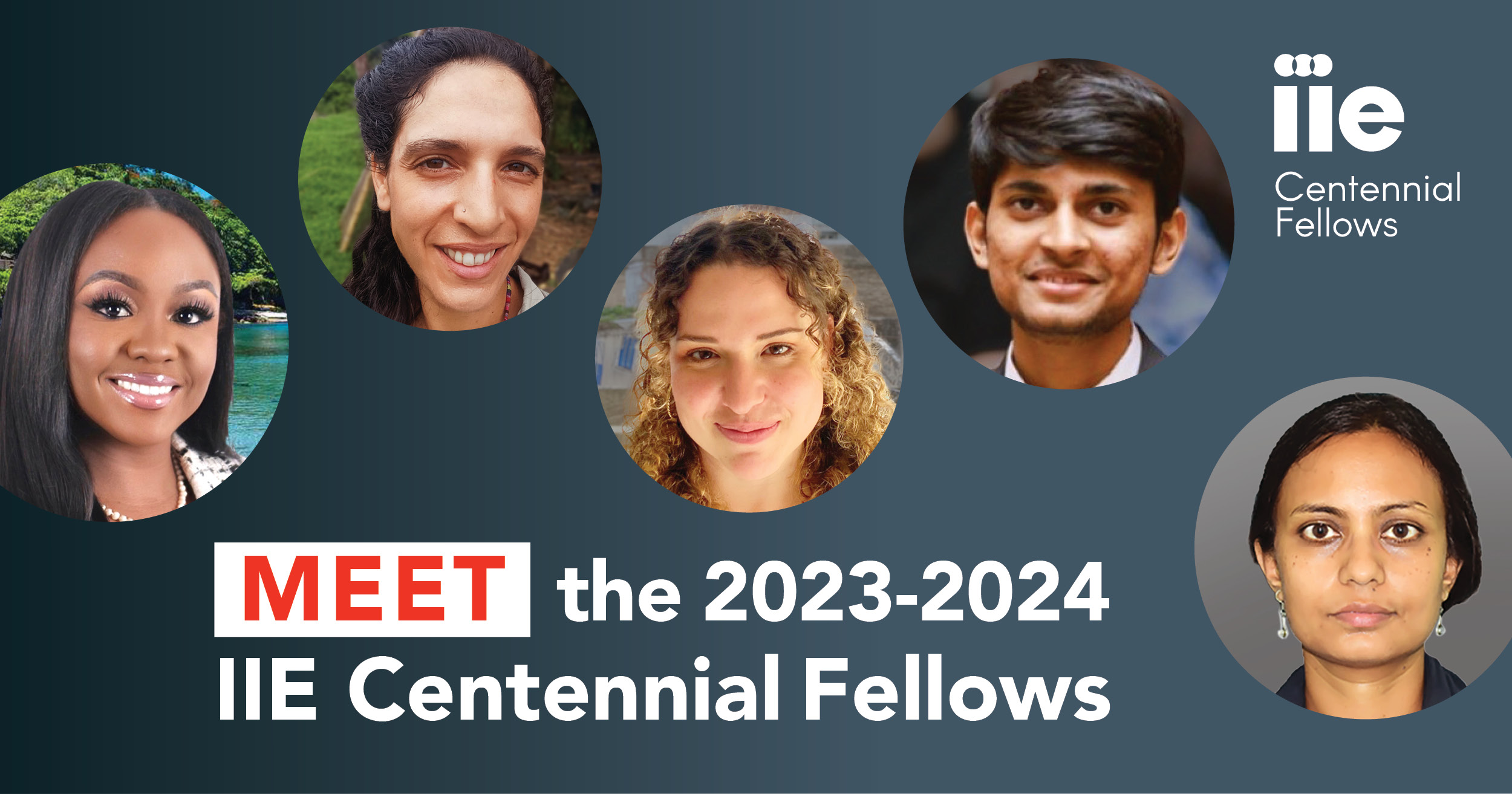 Graphic with gray background showing headshots of 5 people, captioned Meet the 2023-2024 IIE Centennial Fellows