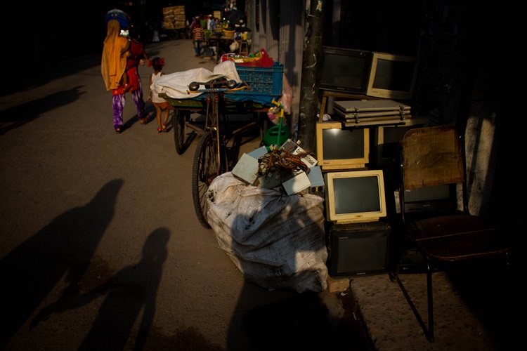 Discarded computer monitors at Elephant Road e-waste market, Dhaka, Bangladesh