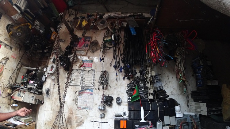 A wall of a e-waste workshop at Elephant Road, Dhaka, Bangladesh