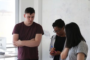 Collaborating with coursemates on team projects while studying Multidisciplinary Innovation (MDI) at Northumbria University during my Fulbright year in the UK.