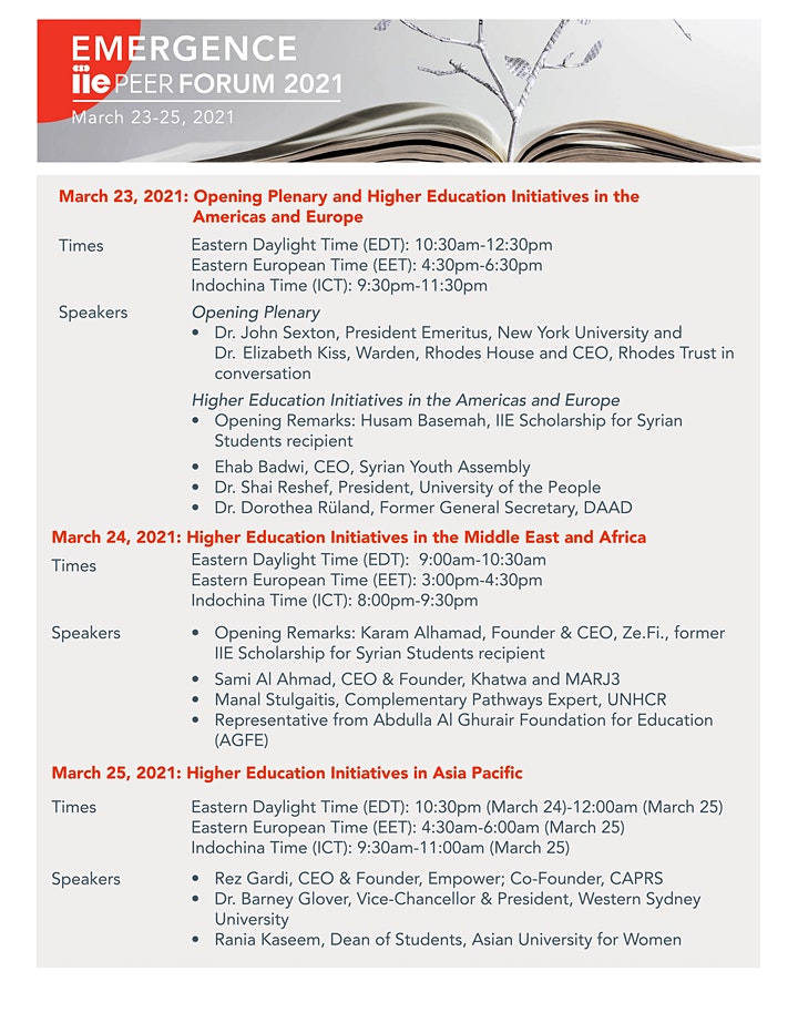 An image of a PDF document showing the schedule for the 2021 IIE PEER Forum.