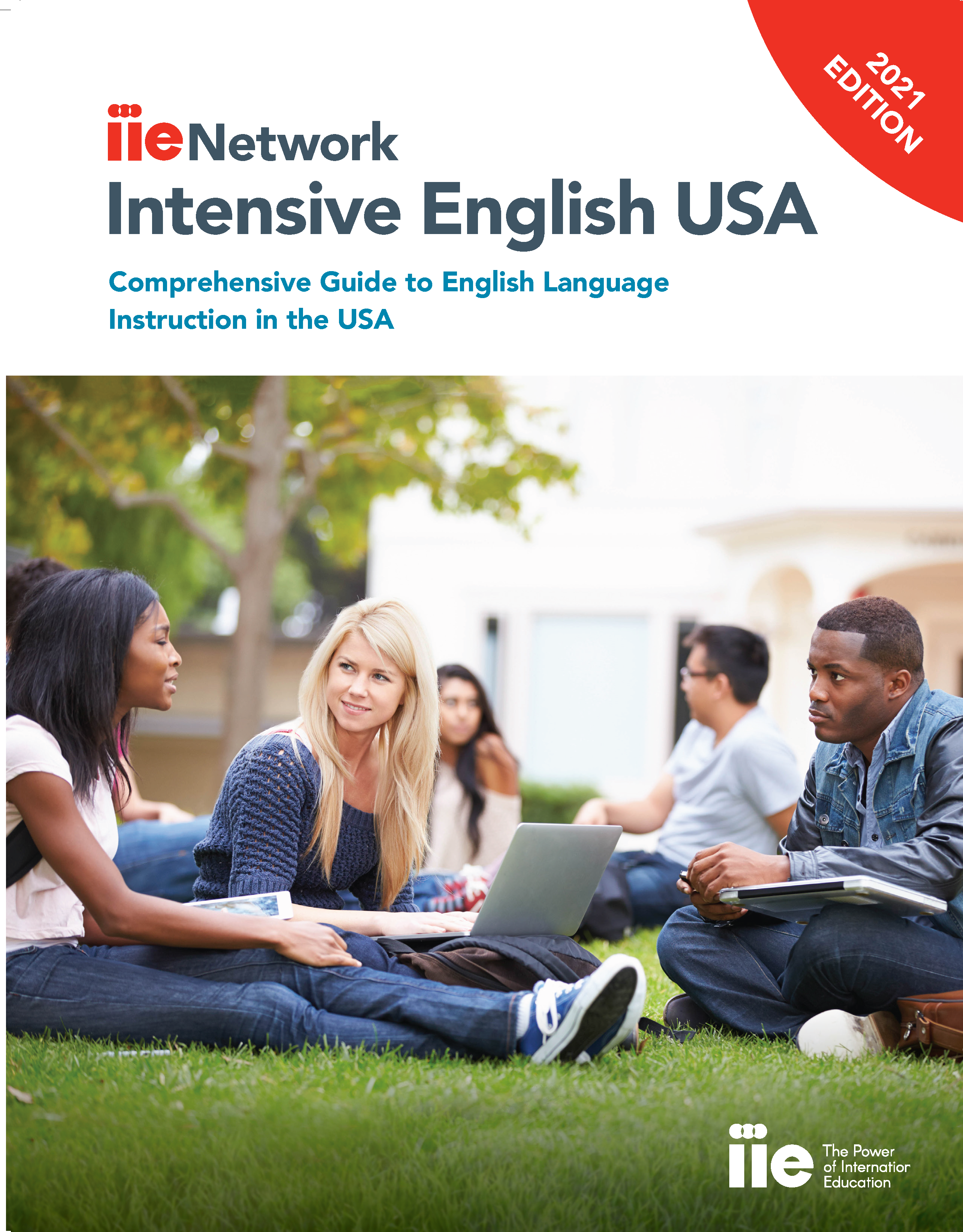 Cover of Intensive English 2021 edition, image of student sitting on grass and talking