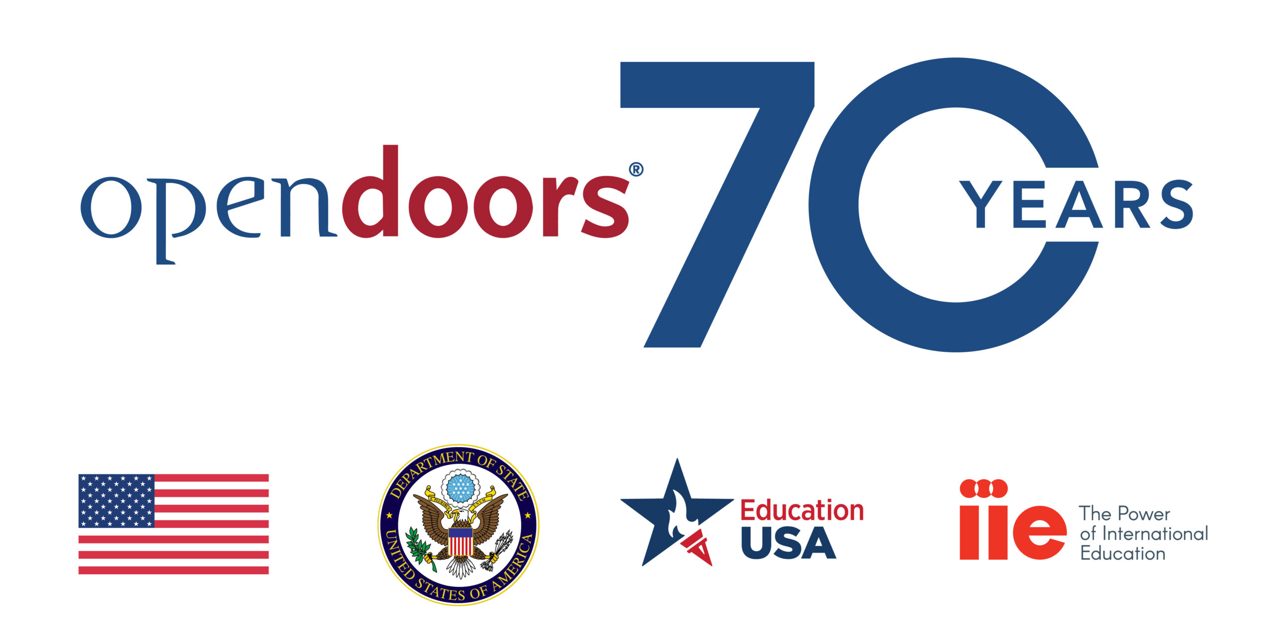 5 logos: Open Doors 70th Anniversary, US Flag, U.S. Department of State Seal, Education USA logo, IIE logo