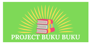 Project Buku Buku logo, lime green background, with a stack of books