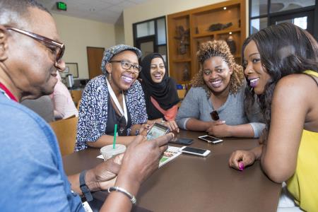 Caption: TechWomen Emerging Leaders participating in the program's Volunteer Day at Community Technology Network, supporting senior citizens to utilize technology. From left to right: Fanelwa Ajayi, Ridhwana Khan, Chiedza Mnguni, Danai Nhando.