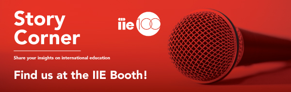 Image of microphone with red overlay with wording: Story Corner, Share your insights on international education, find us at the IIE booth, schedule your story at calendly.com/storycorner