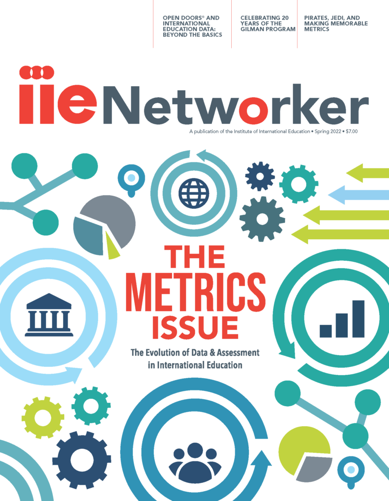IIENetworker magazine with title The Metrics Issue: The Evolution of Data & Assessment in International Education and graphics demonstrating measurement and graphs
