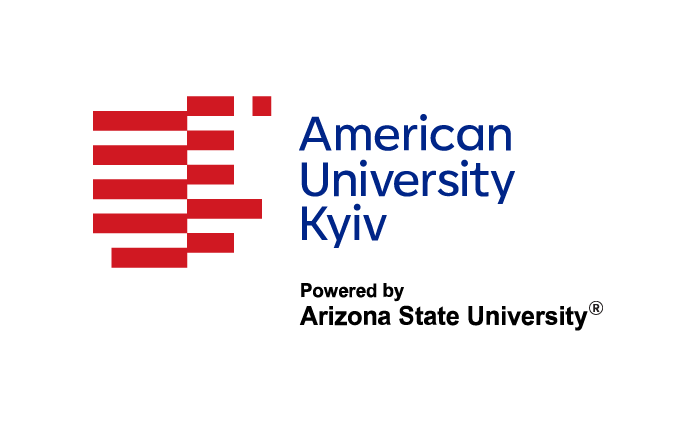 logo for the American University Kyiv, powered by Arizona State University.