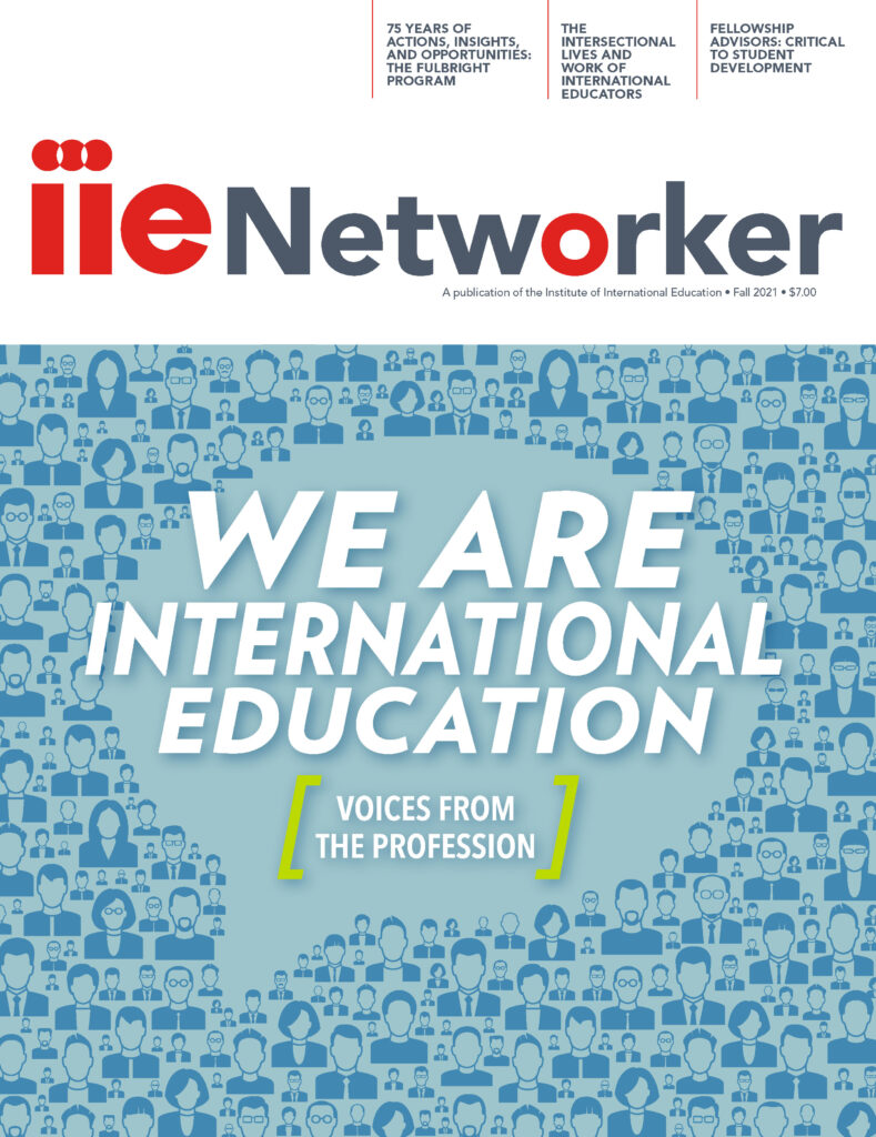 IIENetworker cover with title We Are International Education: Voices from the Profession with graphic of a quote bubble with people in the background.
