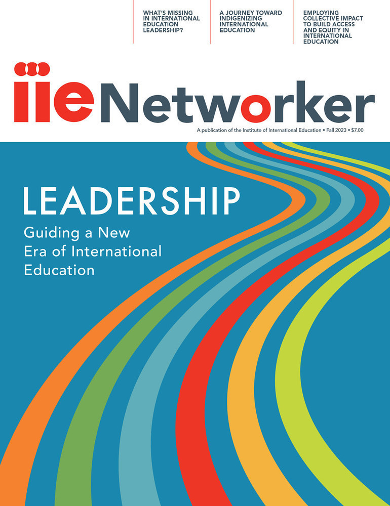 Magazine cover with title Leadership: Guiding a New Era of International Education and cover image of six paths of different colors leading from the front to the back. 