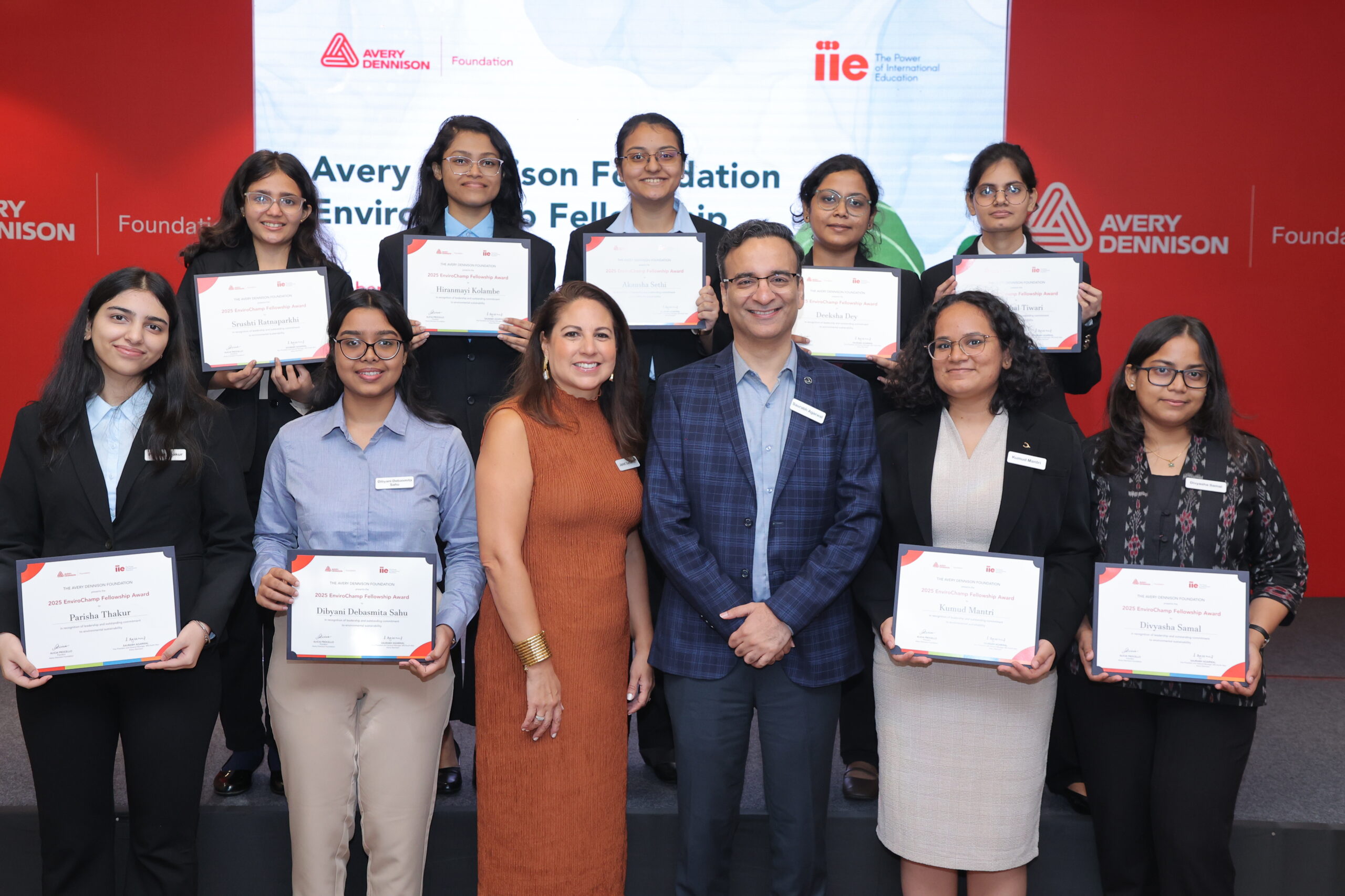 Inaugral Cohort of EnviroChamp Fellows with two Avery Dennsion Team members at the Recognition Event in New Delhi in October 2025