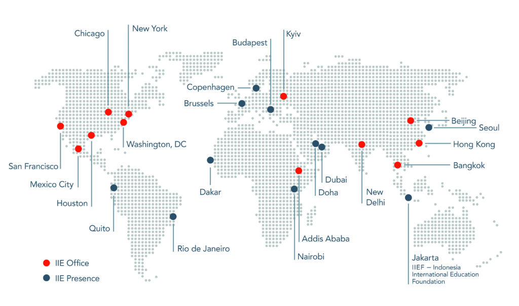 A map displays IIE's global offices.